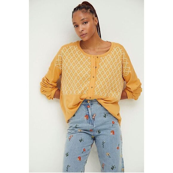 Free People Free Spirt Embroidered Knit Henley Top Peach Fuzz XS - Picture 4 of 14